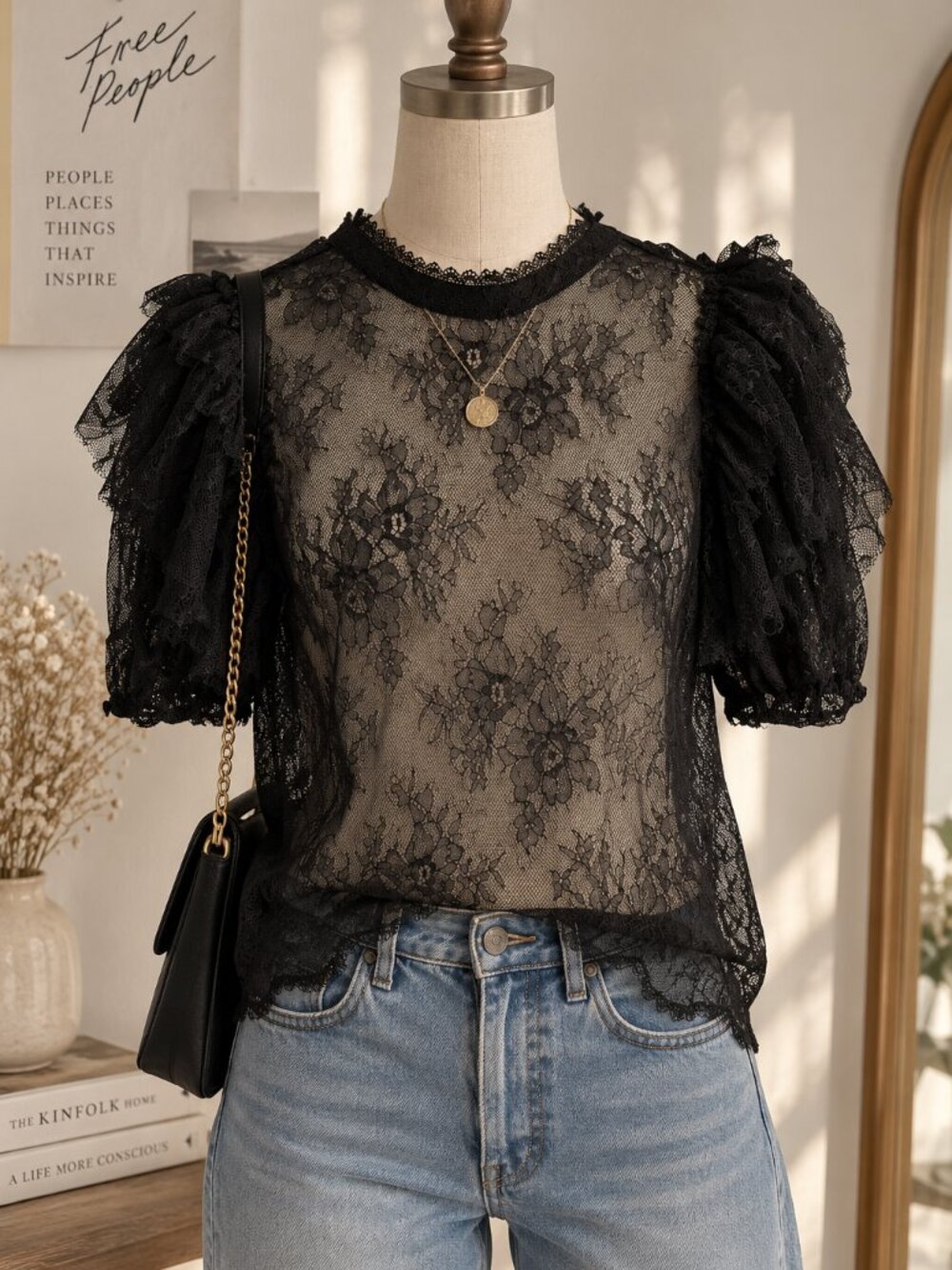 Free People Black Sheer Lace Blouse XS Puff Sleeve Ruffle Victorian Romantic Top